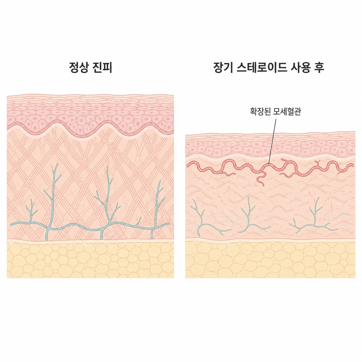 정상 진피(왼쪽)와 스테로이드 장기 사용 후 얇아진 진피(오른쪽)