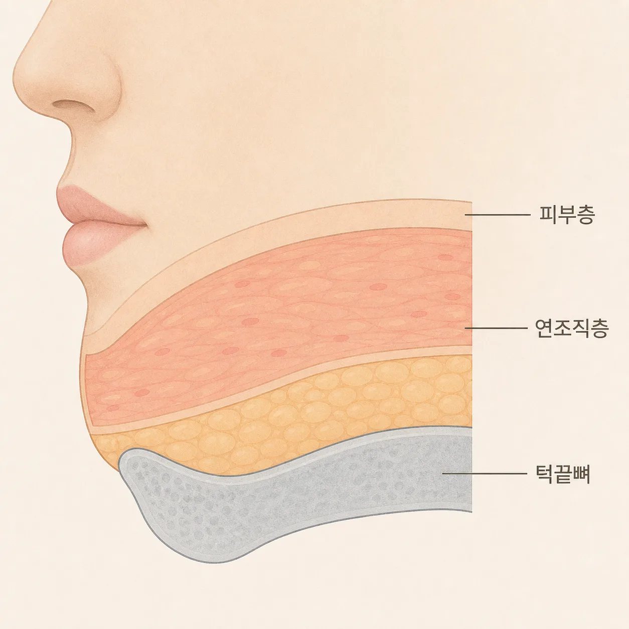 턱 아래 단면 — 뼈와 연조직, 피부층의 구성