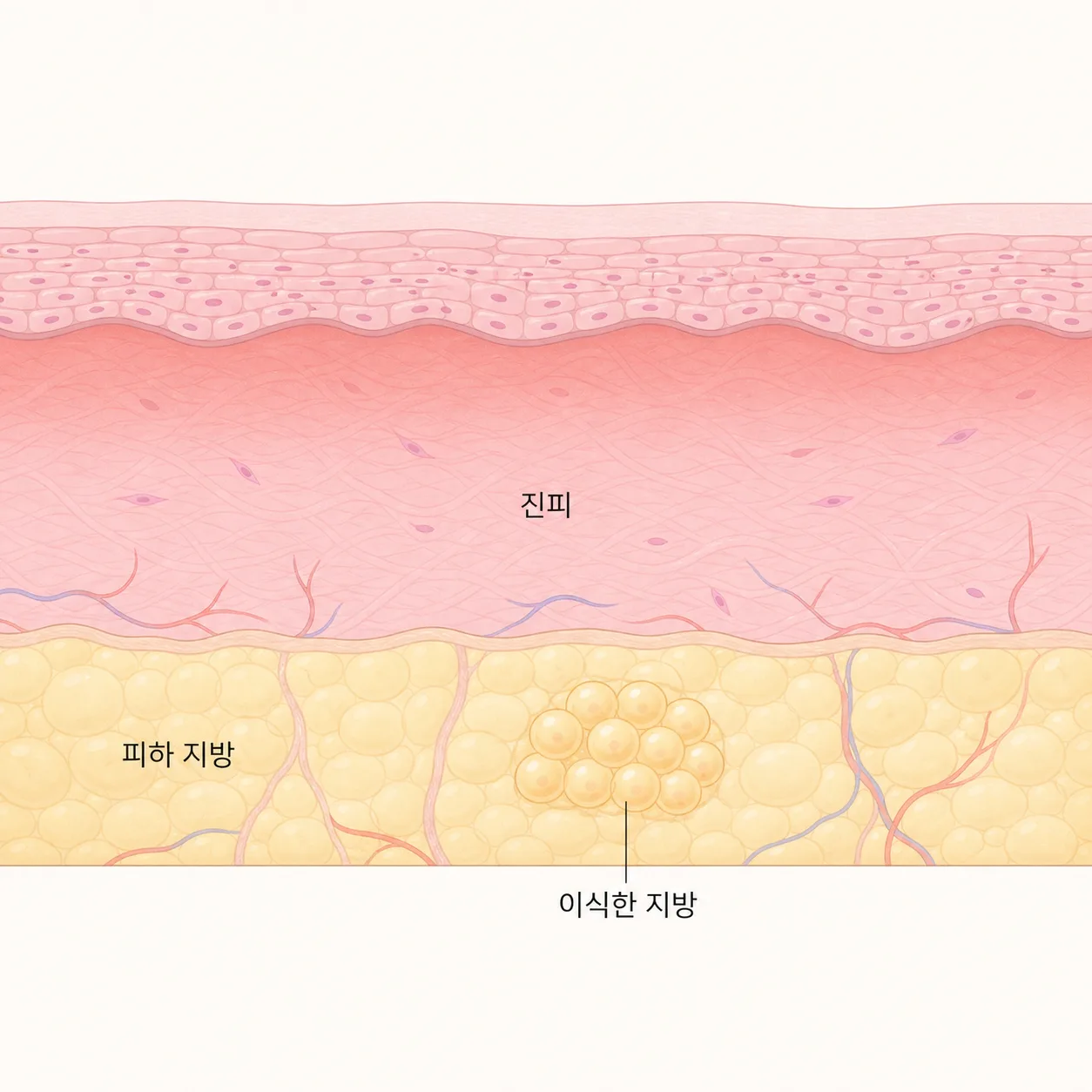 열이 주로 닿는 층과 이식한 지방이 놓인 층을 나눠 본 그림