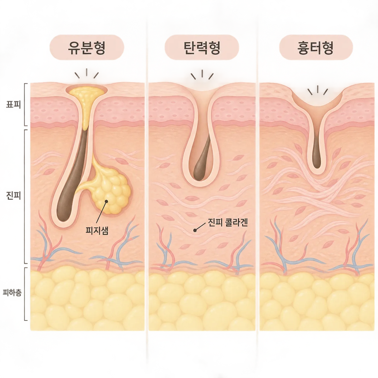 유분형·탄력형·흉터형 모공을 피부 단면으로 나눠 본 그림