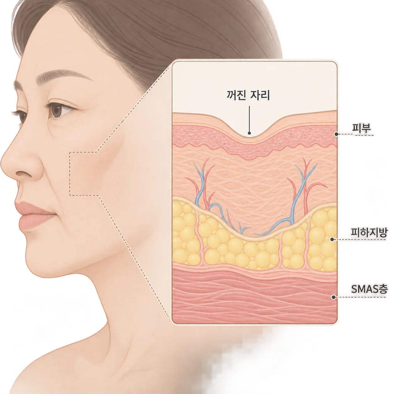 볼 아래 피부·피하지방·SMAS층과 이미 꺼진 자리의 위치