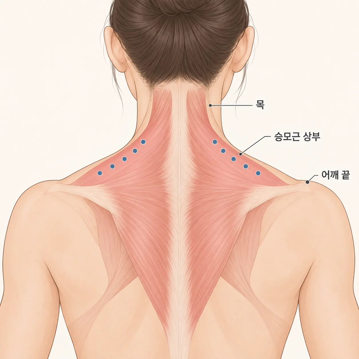 목과 어깨 사이 승모근 상부에 용량을 여러 부위로 나눠 넣는 위치