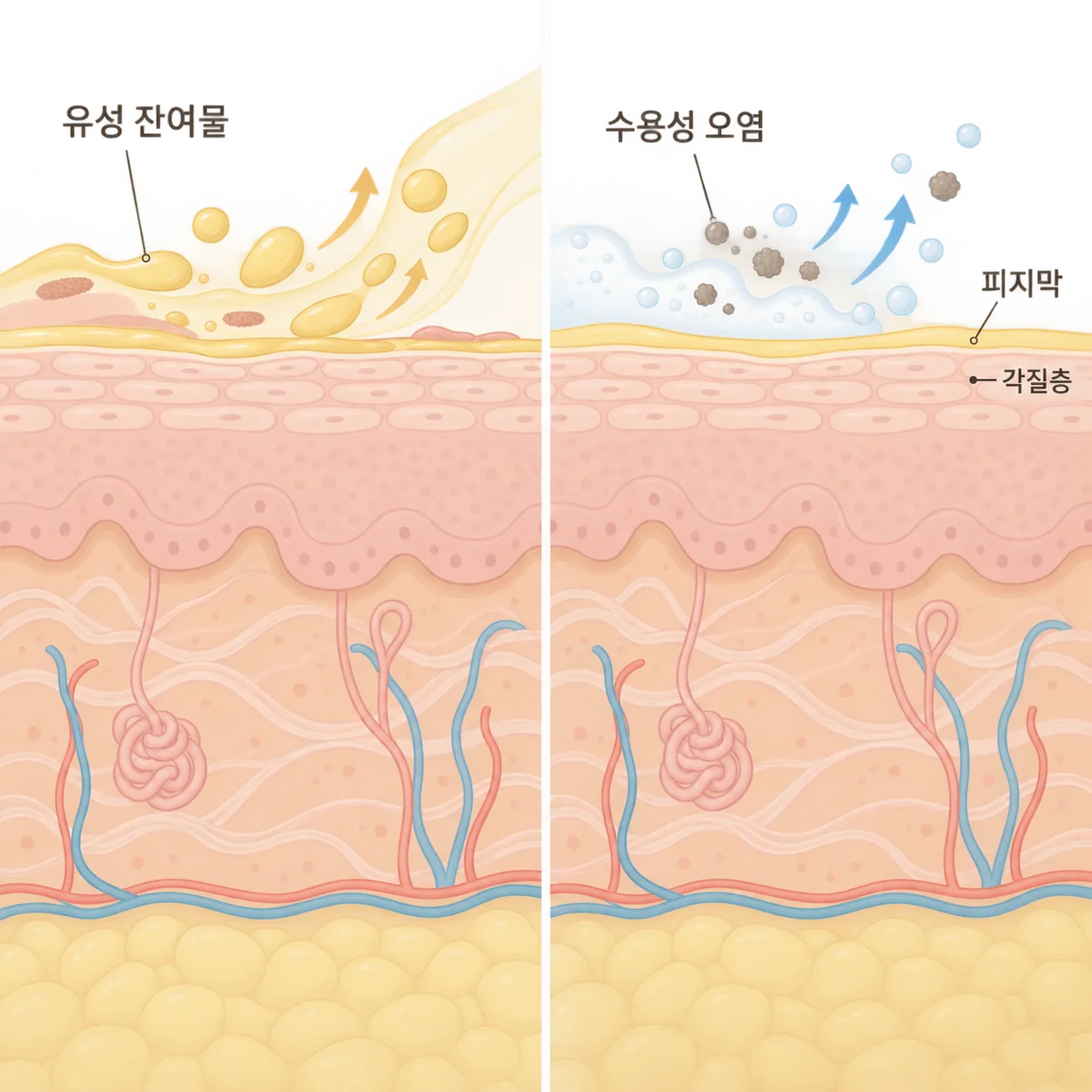 오일 단계가 지우는 유성 잔여물과 물 세안이 지우는 수용성 오염을 피부 단면으로 나눠 본 그림