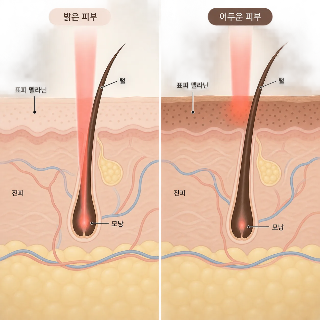 피부 표면 멜라닌이 많을수록 레이저 에너지 일부가 피부에서 흡수되는 모습