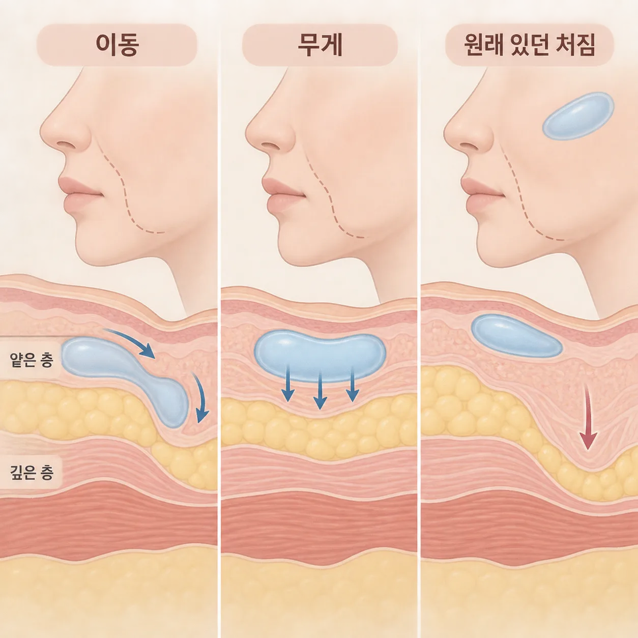 필러가 처져 보이는 세 가지 경우를 얼굴 단면으로 나눠 본 그림
