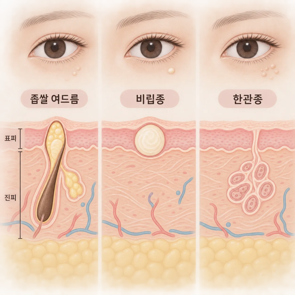 좁쌀 여드름·비립종·한관종이 피부 속 어느 깊이에 있는지 나눠 본 그림
