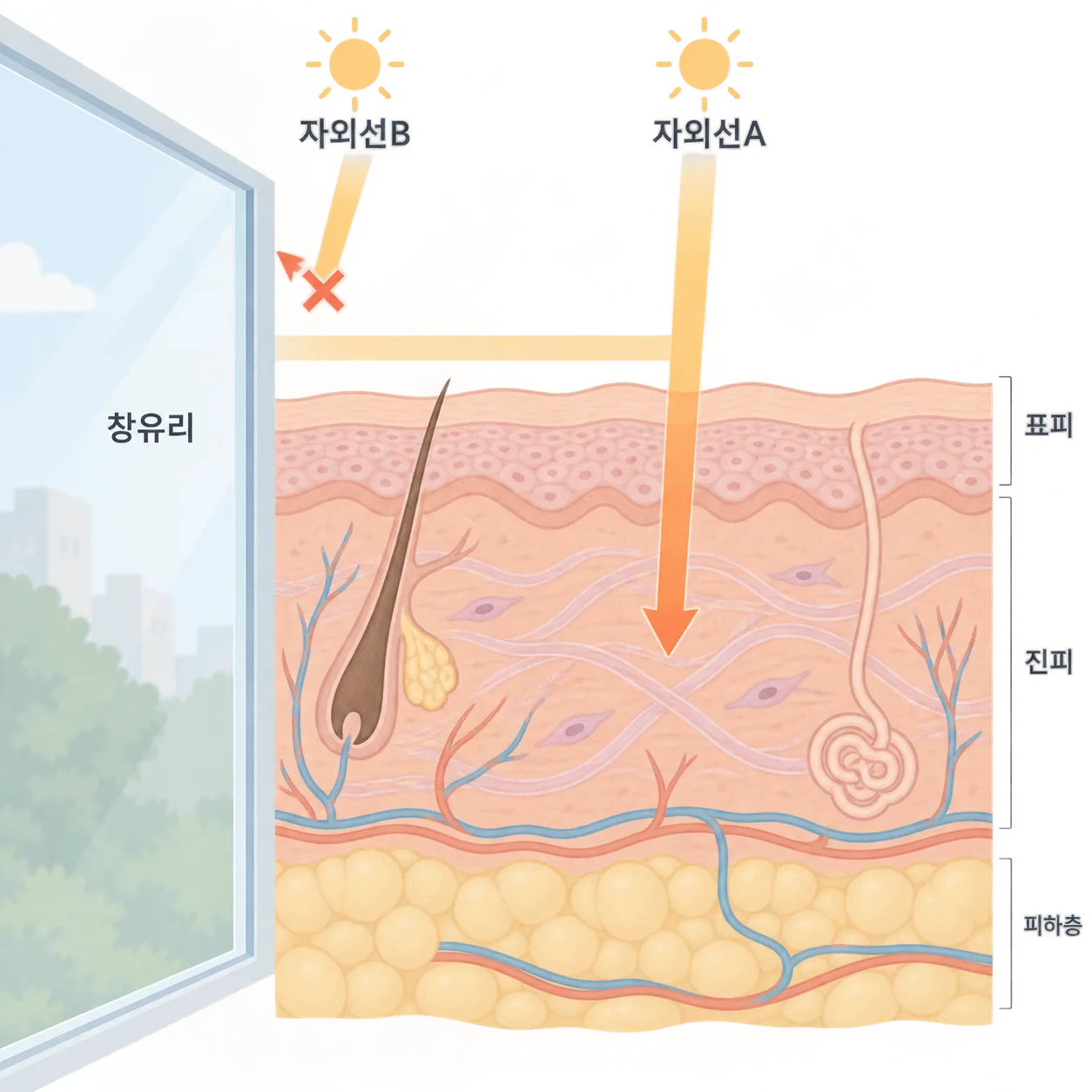 자외선B는 표피에서 대부분 멈추고, 자외선A는 진피까지 들어가요