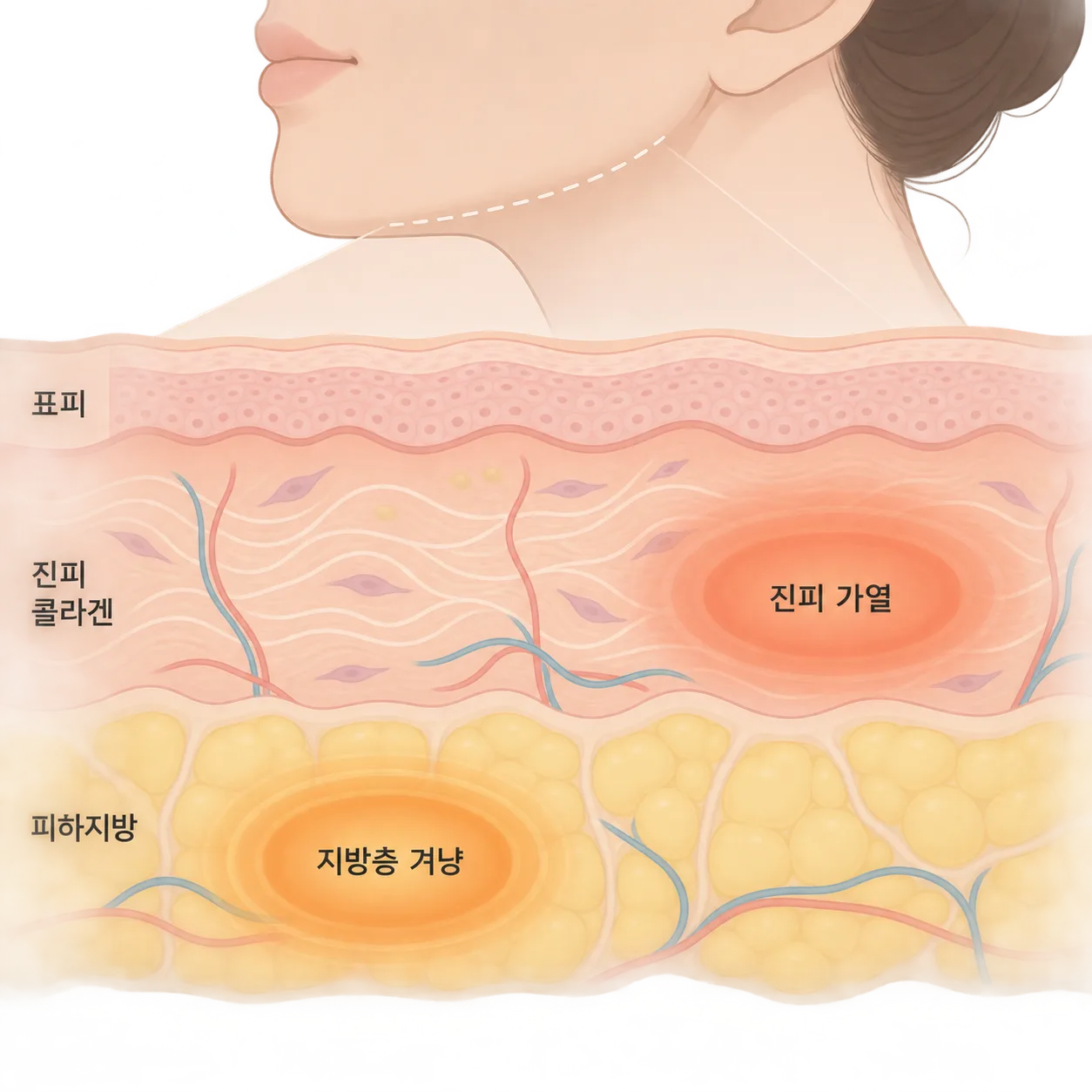 지방층을 겨냥하는 방식과 진피를 데우는 방식을 피부 단면으로 나눠 본 그림