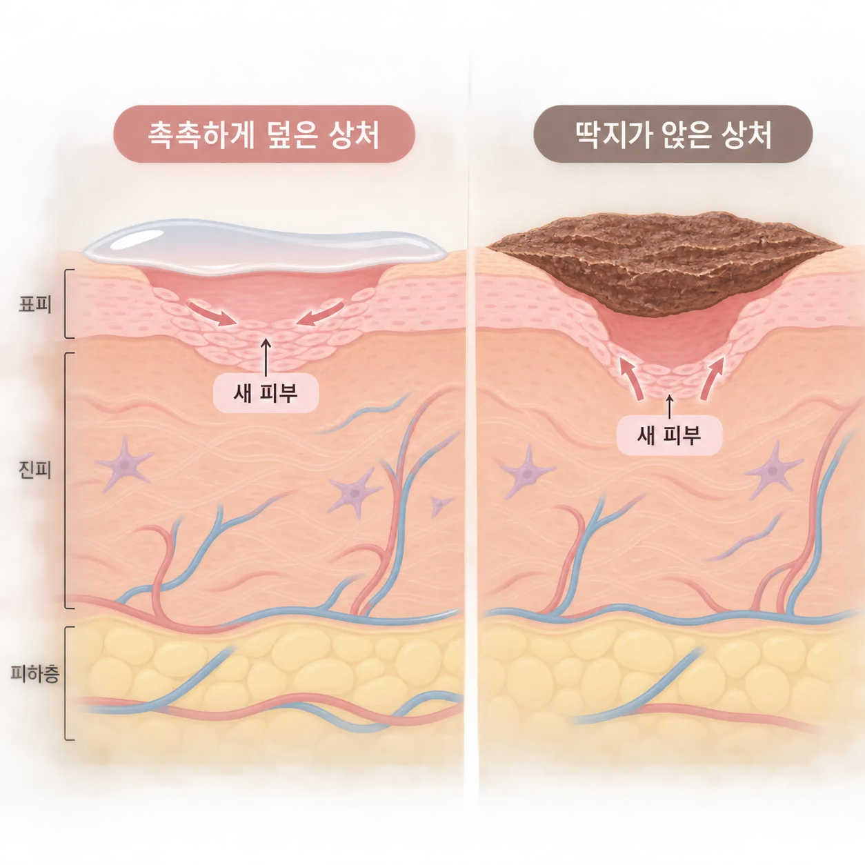촉촉하게 덮은 상처와 딱지가 앉은 상처를 피부 단면으로 비교한 그림