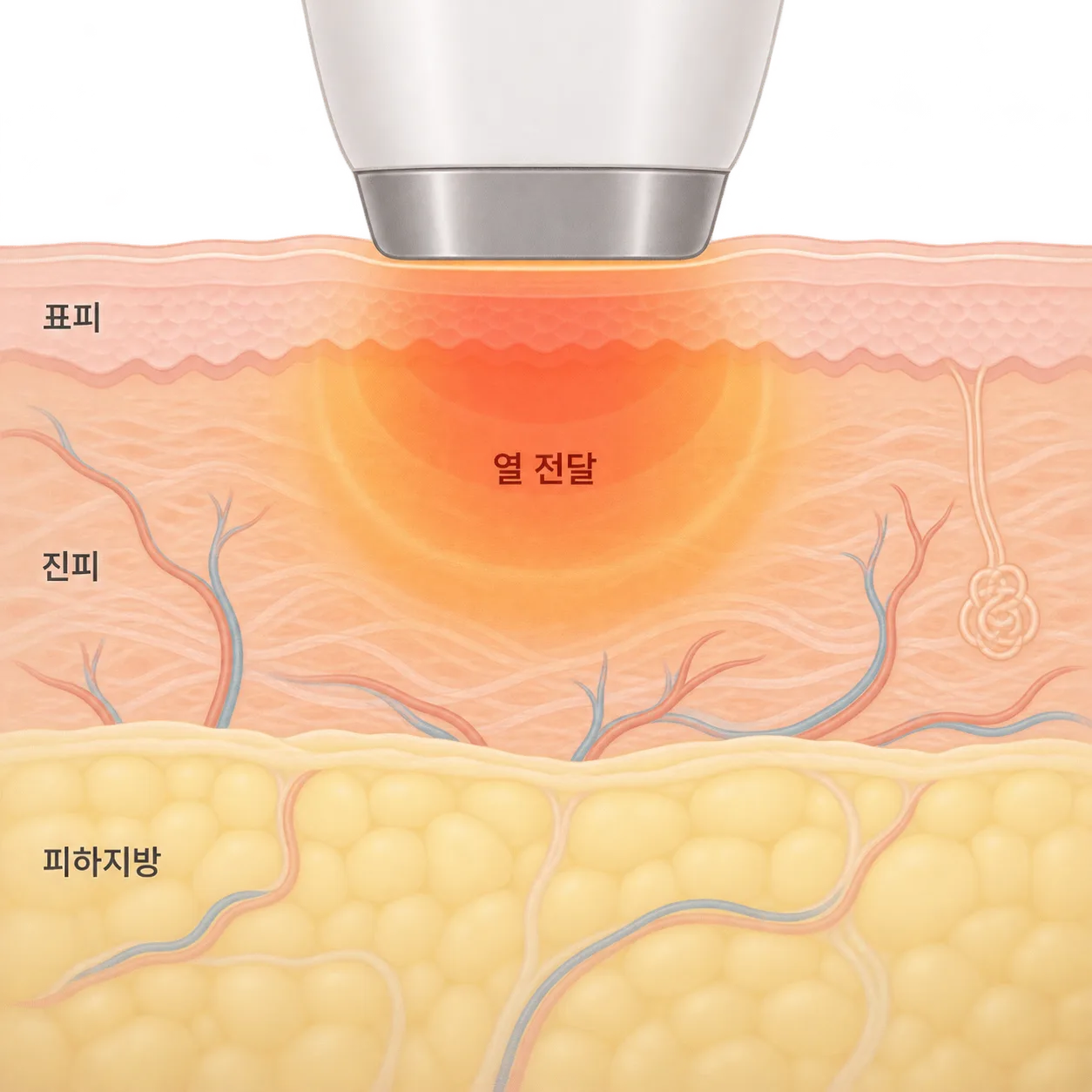 고주파 열이 진피층에 퍼지는 모습을 피부 단면으로 본 그림
