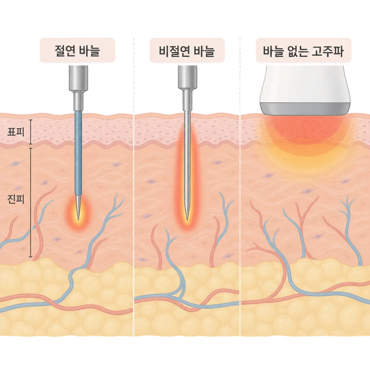 절연 바늘, 비절연 바늘, 바늘 없는 고주파에 따라 열이 퍼지는 모양이 달라요
