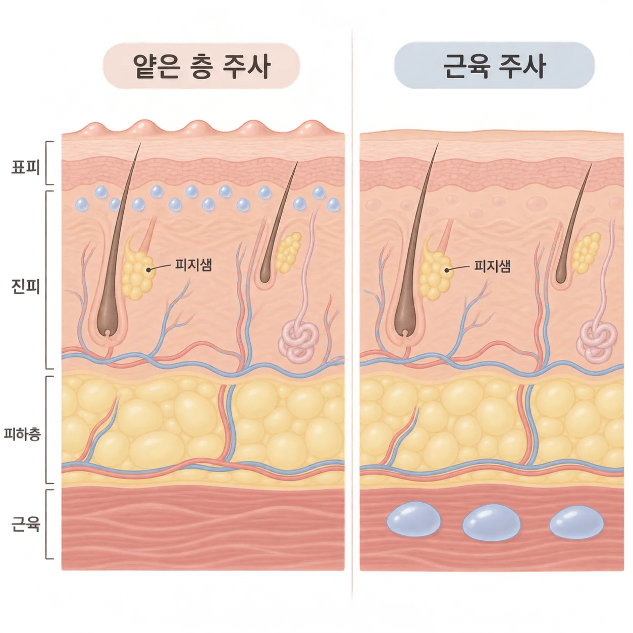 피부 얕은 층에 잘게 나눠 놓는 스킨보톡스와 근육에 놓는 보톡스의 주사 깊이 비교