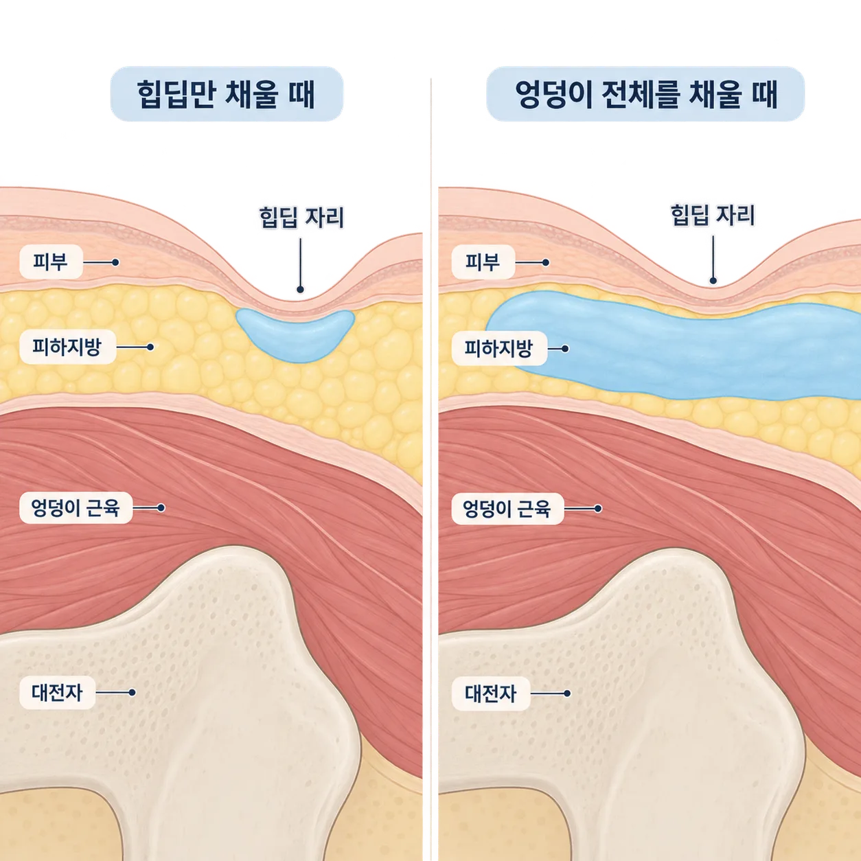 힙딥 자리만 채우는 계획과 엉덩이 전체를 채우는 계획의 범위 차이