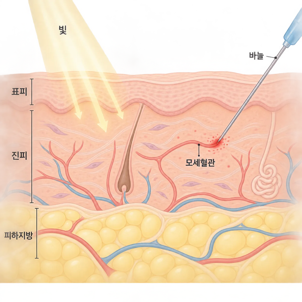 약이 시술에 닿는 두 자리, 빛을 받는 피부와 바늘이 지나가는 모세혈관