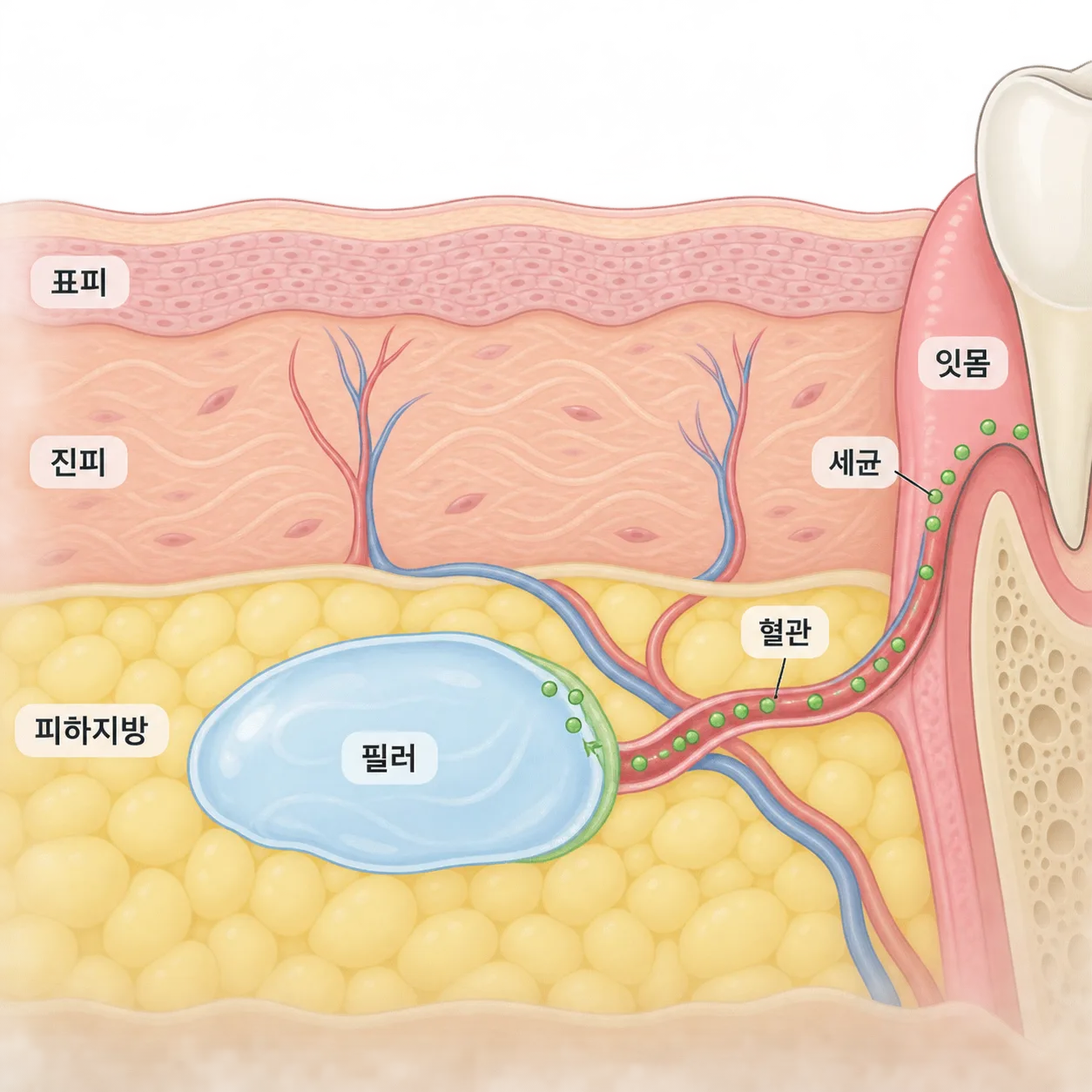 치과 치료 중 핏속으로 들어간 세균이 필러 주변에 머무는 과정을 단순화한 그림