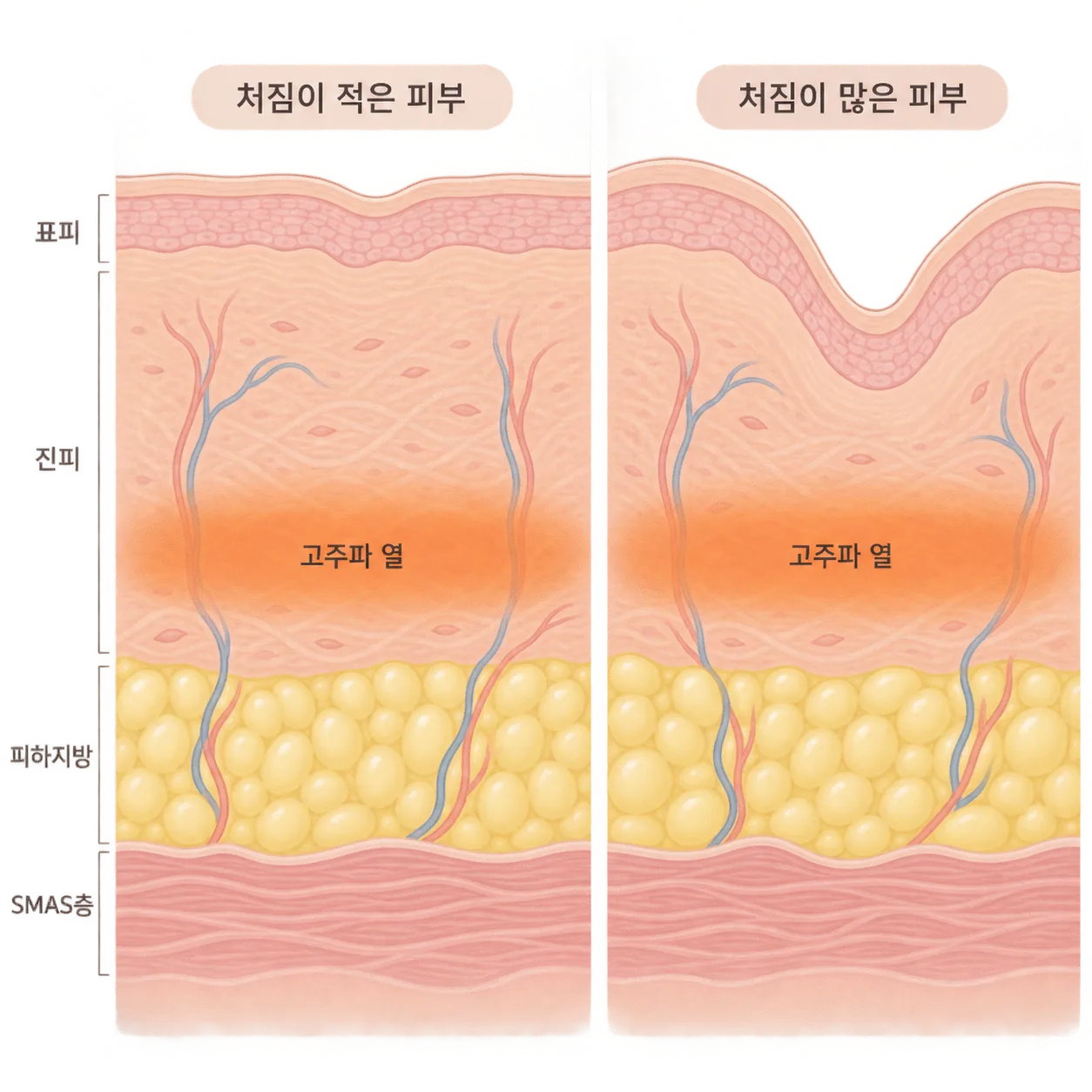 같은 폭의 고주파 열이 처짐이 적은 피부와 많은 피부에 닿는 모습
