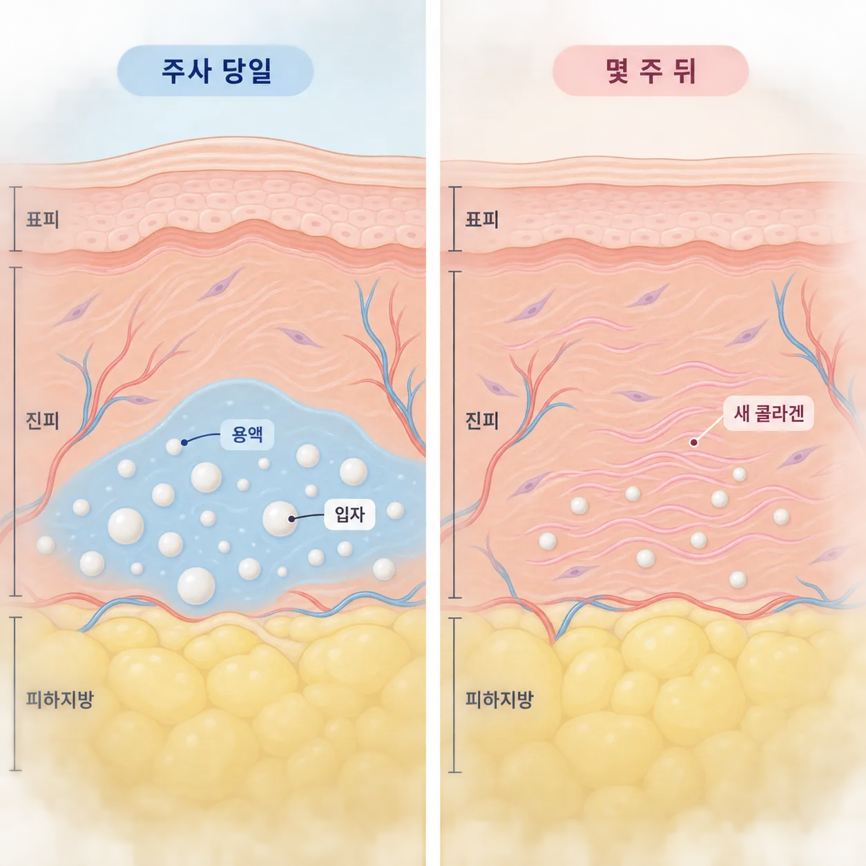 주사 당일 차 보이는 용액과 몇 주에 걸쳐 쌓이는 새 콜라겐의 차이