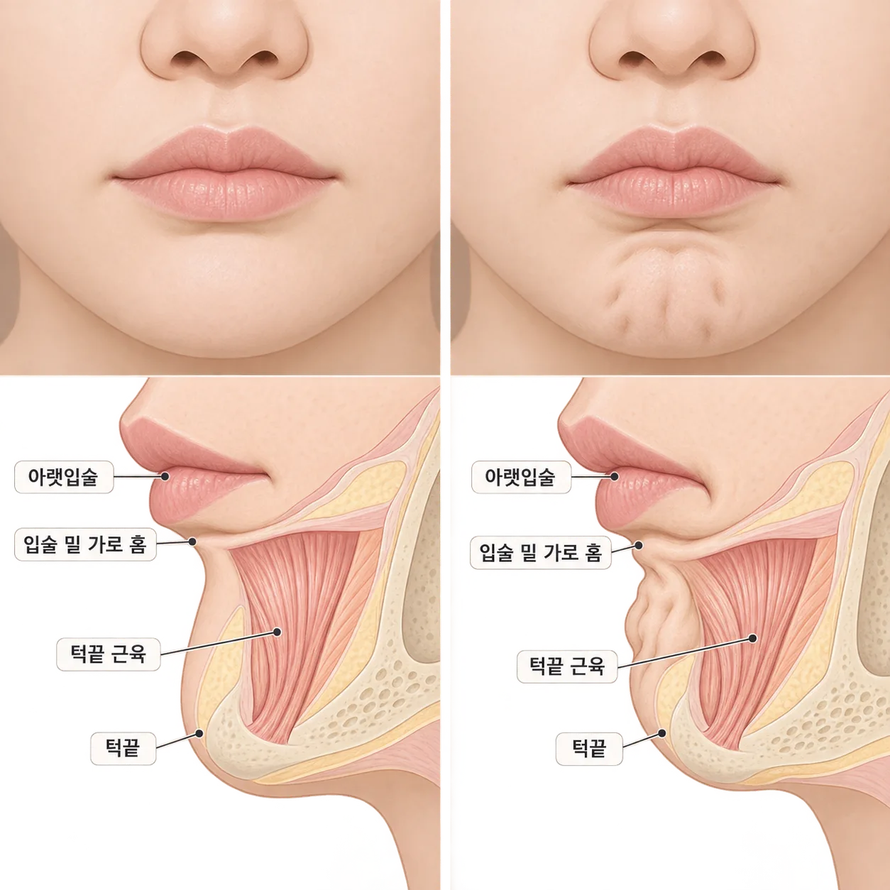 턱끝 근육이 수축하면 턱끝이 오돌토돌해지고 입술 밑 가로 홈이 깊어져요