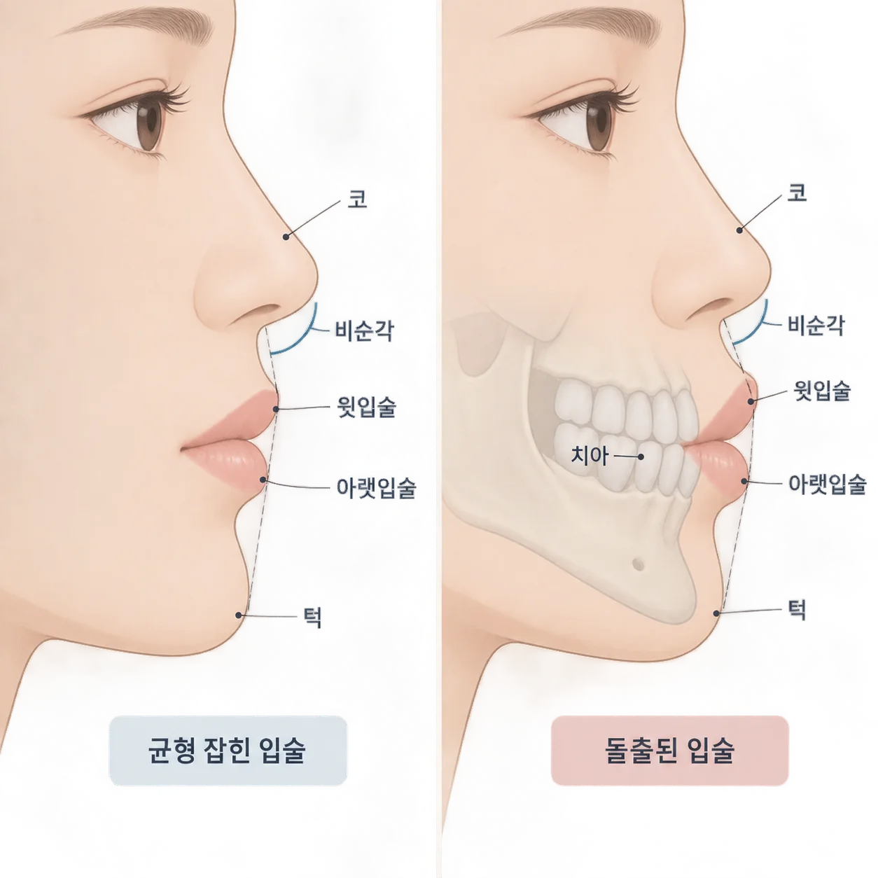 같은 입술이라도 옆모습에서 입이 이미 앞으로 나와 있으면 앞쪽 볼륨이 더 도드라져요