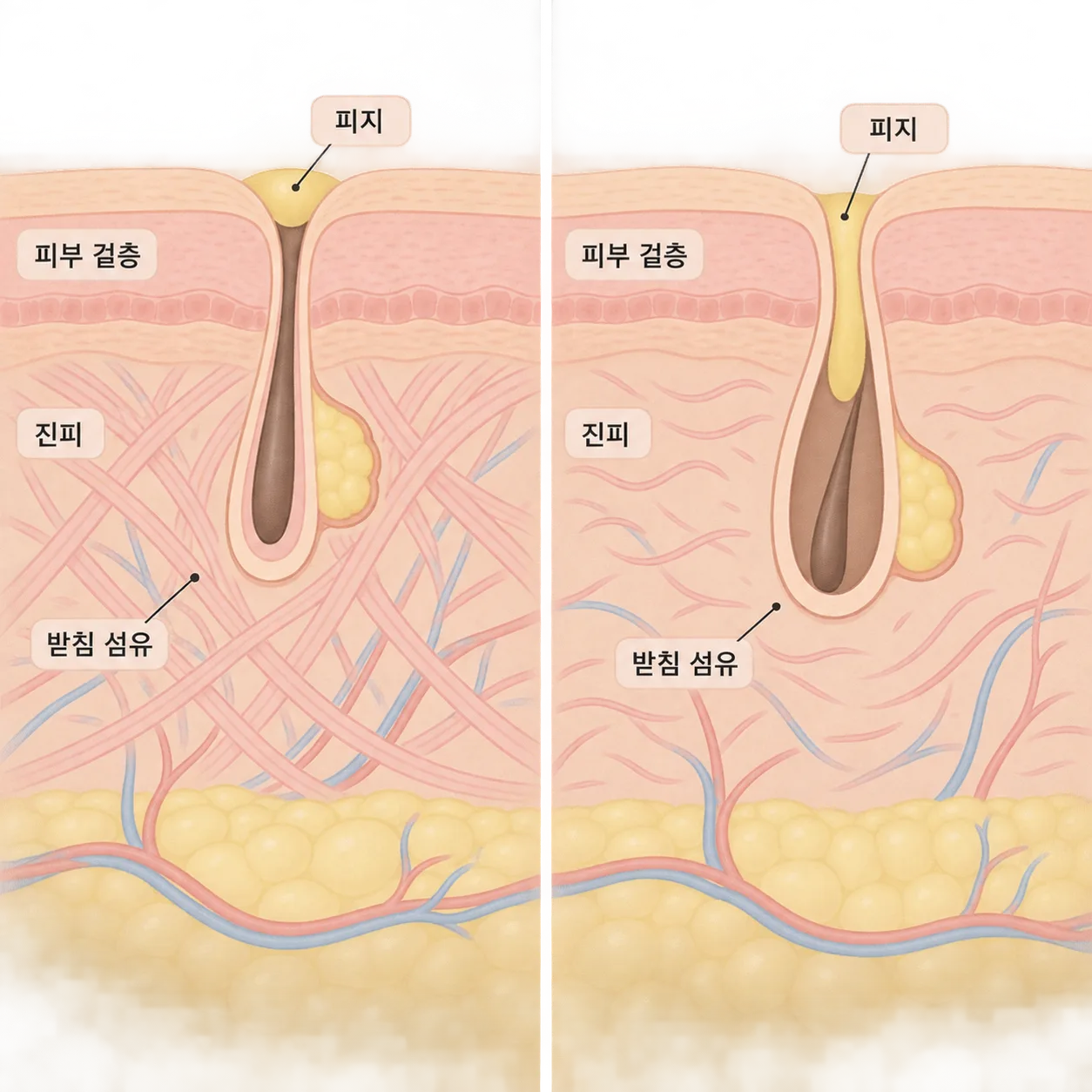 둥근 모공은 입구 쪽, 아래로 늘어진 모공은 둘레를 받치는 진피 쪽 문제에 가까워요