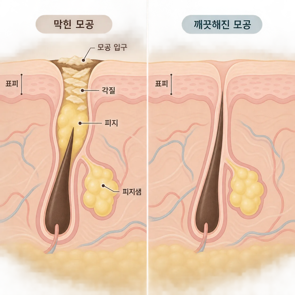 필링이 정리하는 건 입구를 막은 피지와 각질이고, 모공 벽과 주변 피부는 그대로예요