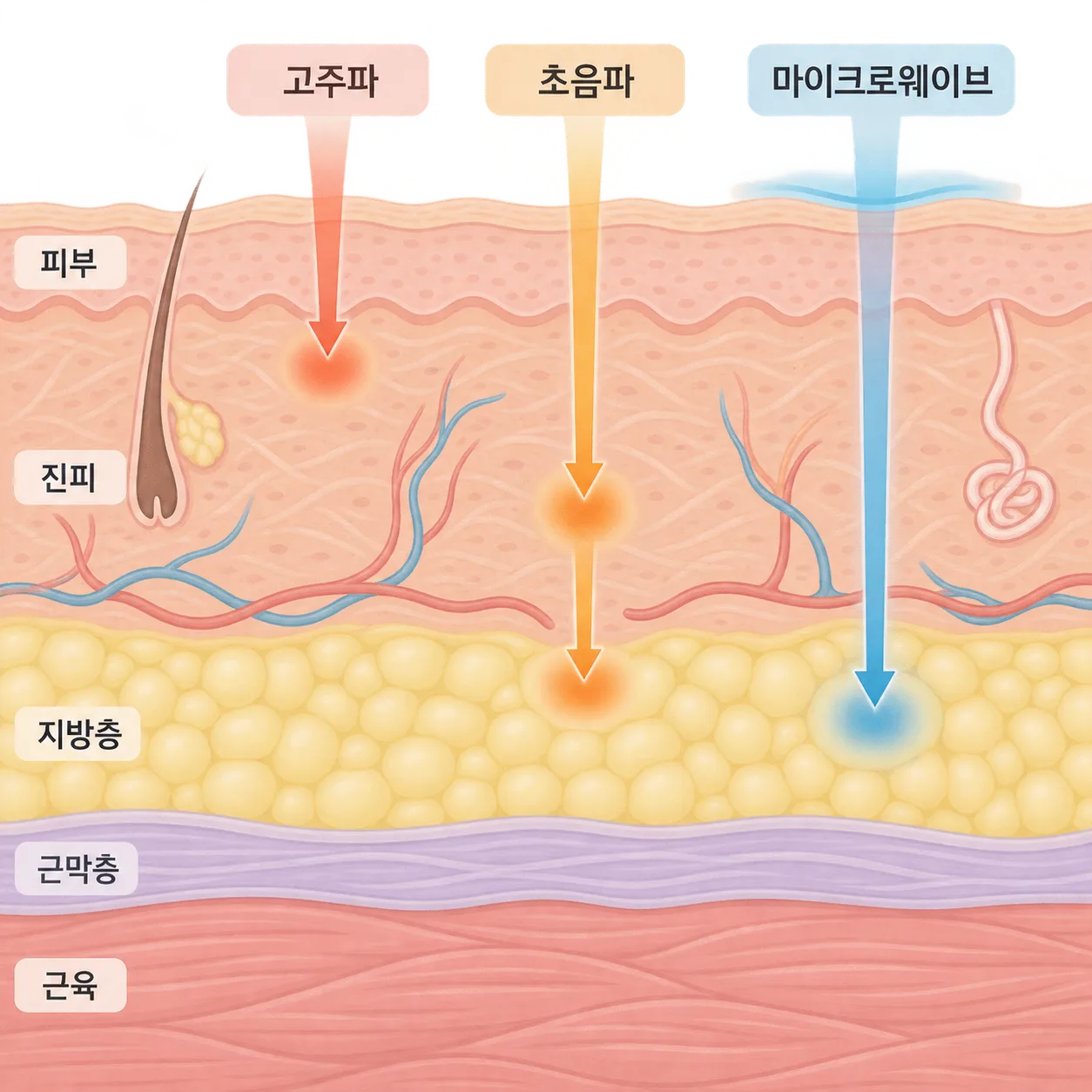 고주파는 진피 윗부분, 초음파는 깊은 진피와 근막층, 마이크로웨이브는 지방층 쪽에 열이 모여요