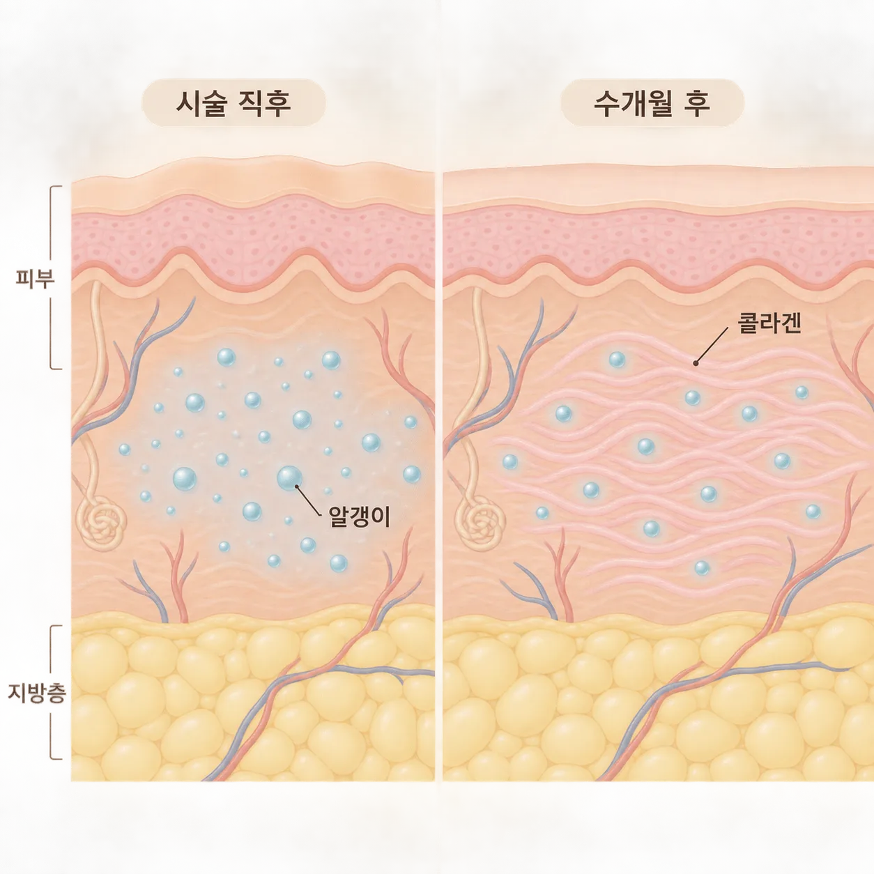 맞은 날은 물로 차 보이고, 시간이 지나면 알갱이 주변에 콜라겐이 쌓여요