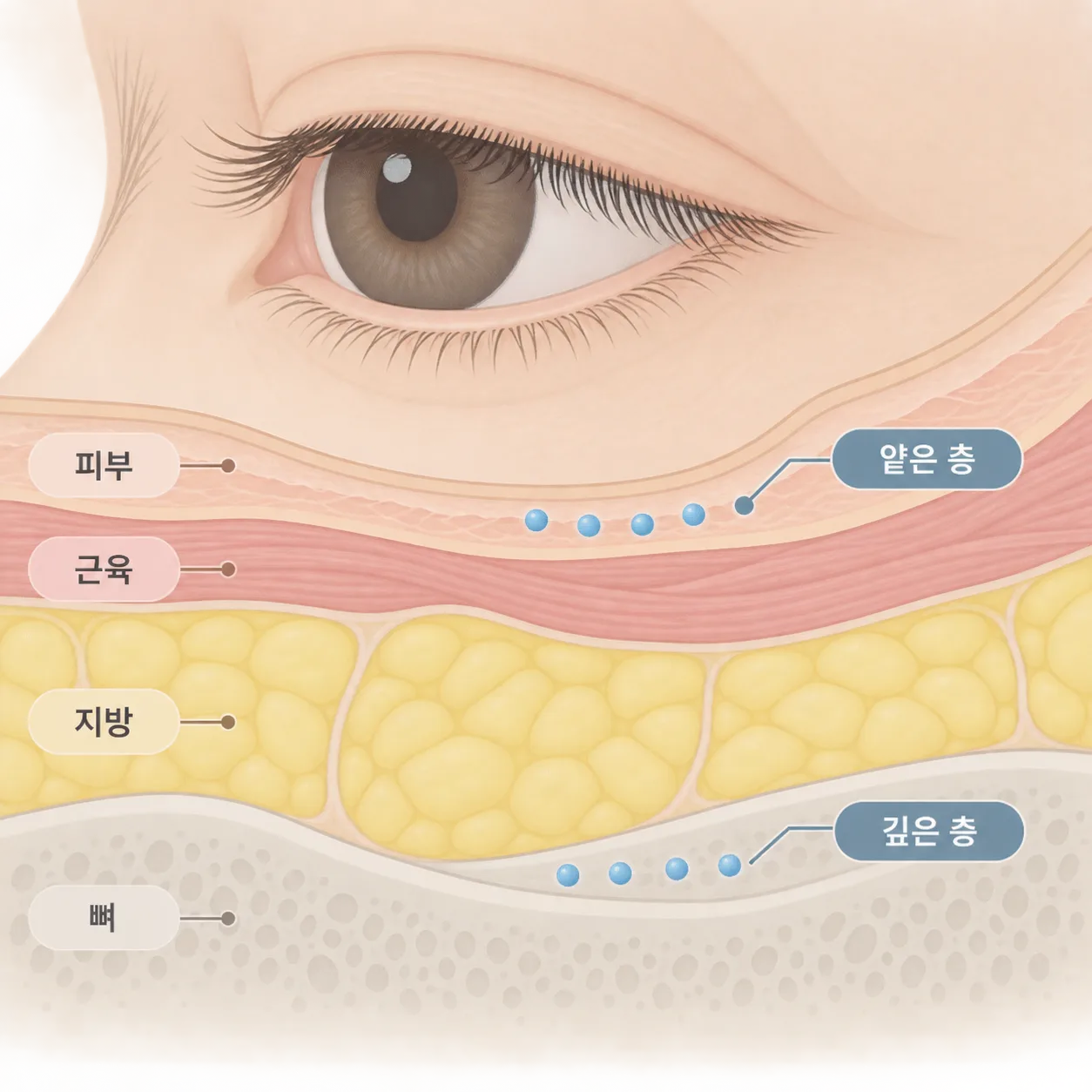 눈밑은 피부가 얇아 얕게 넣으면 비치거나 만져지기 쉬워요