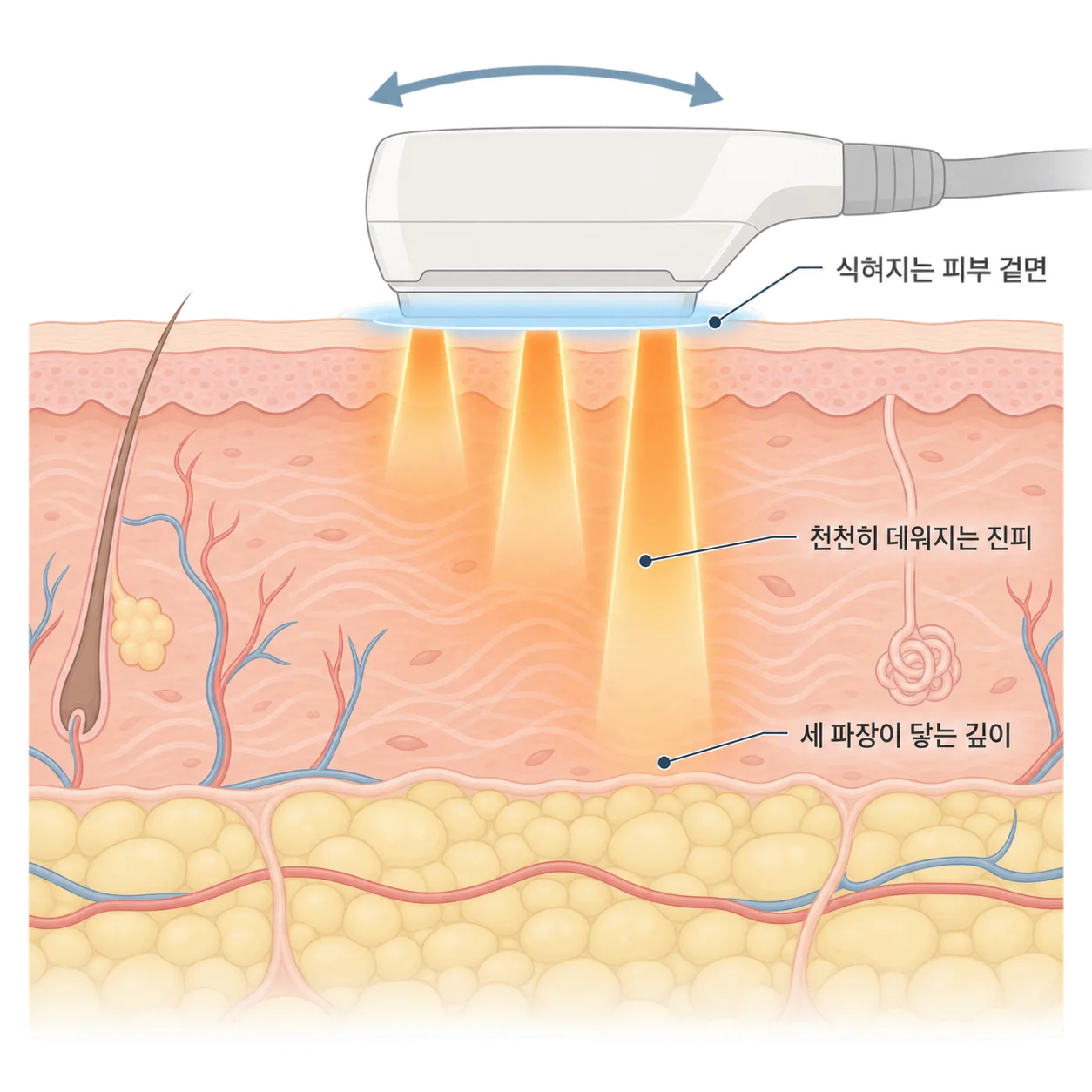 한 번에 세게 쏘기보다 여러 번 지나가며 진피를 천천히 데워요