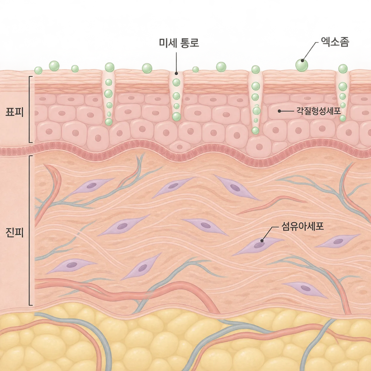 레이저로 생긴 미세 통로와 피부 표면에 닿는 엑소좀의 위치