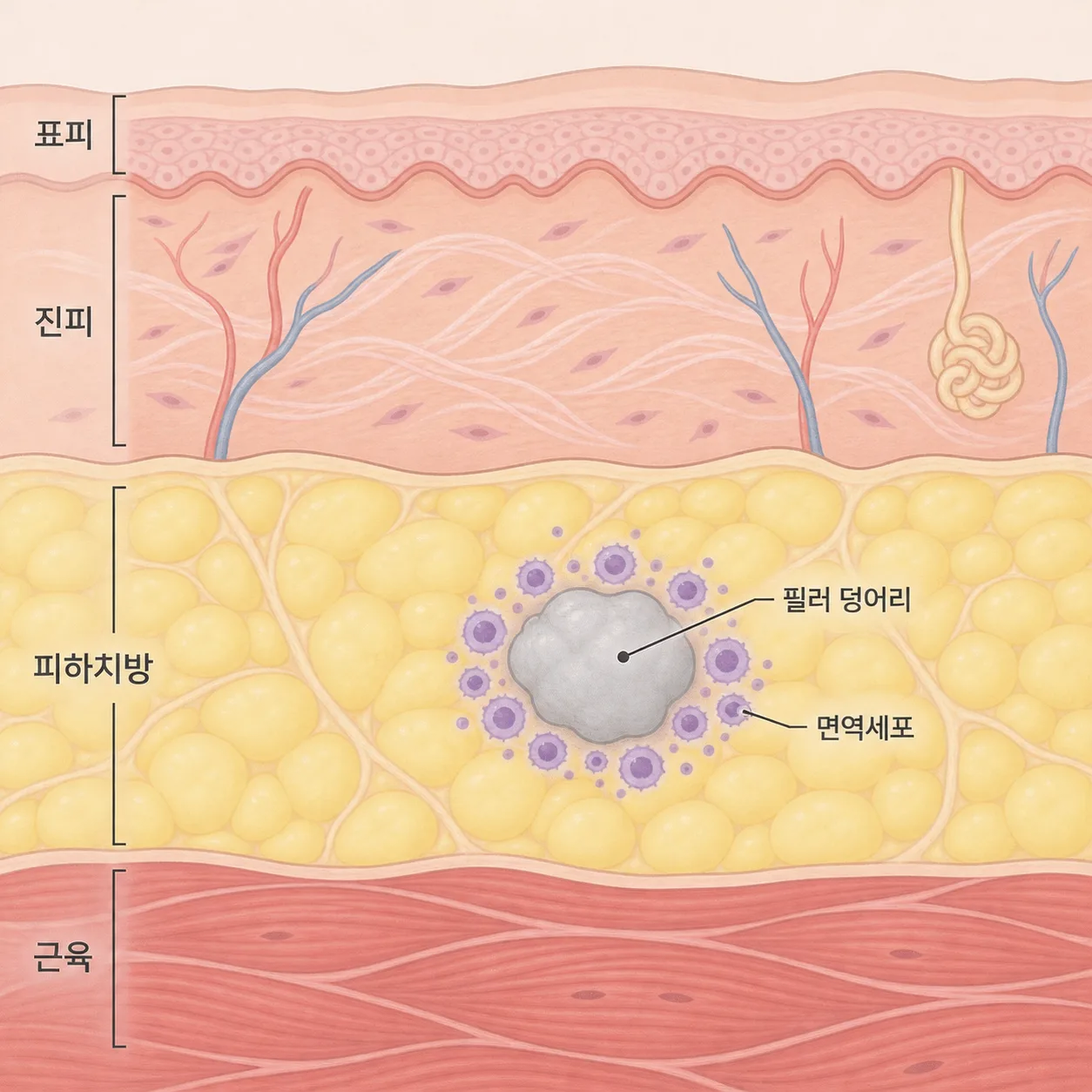 피하지방 안에서 면역세포가 둘러싼 필러 덩어리의 자리