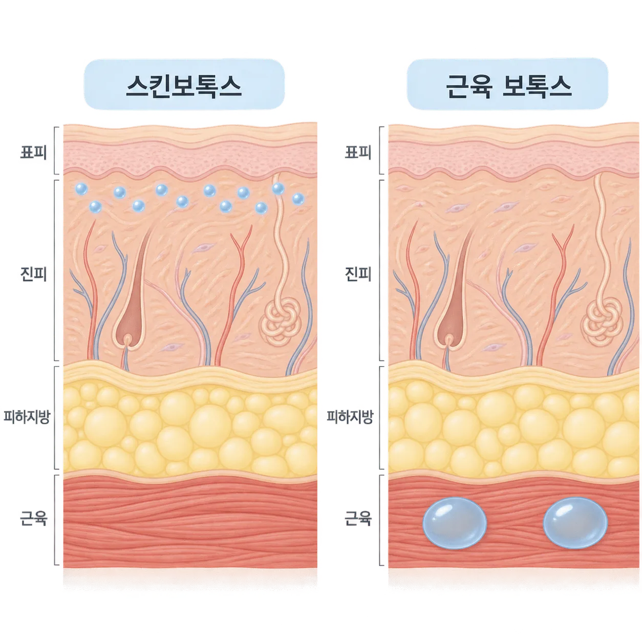 스킨보톡스가 진피* 얕은 층에 작게 나눠 들어가는 자리와 근육 보톡스가 들어가는 자리의 비교