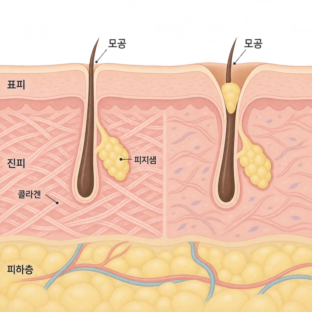 모공 둘레를 받치는 진피*가 느슨해지면 입구가 벌어져 보여요