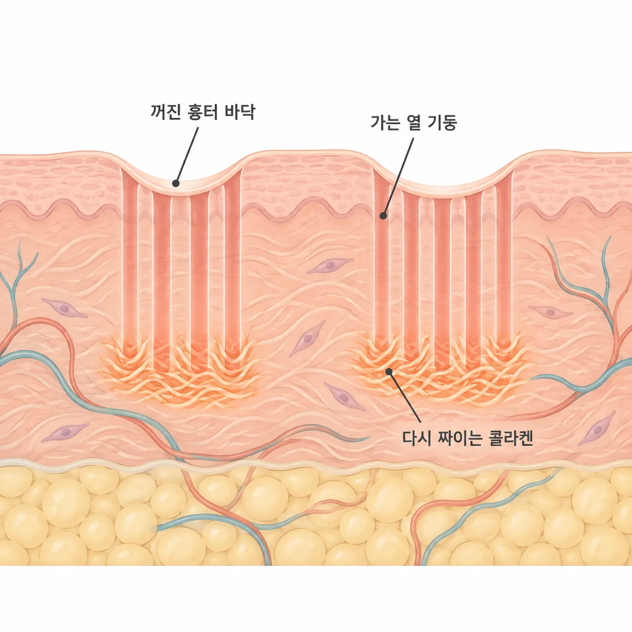 가는 기둥 사이를 남겨 두고, 그 주변에서 콜라겐이 다시 짜여요