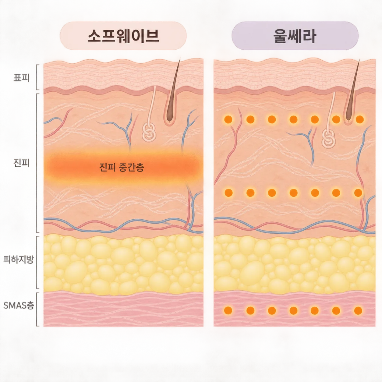 소프웨이브가 데우는 진피 중간층과 울쎄라가 층마다 겨냥하는 자리의 비교