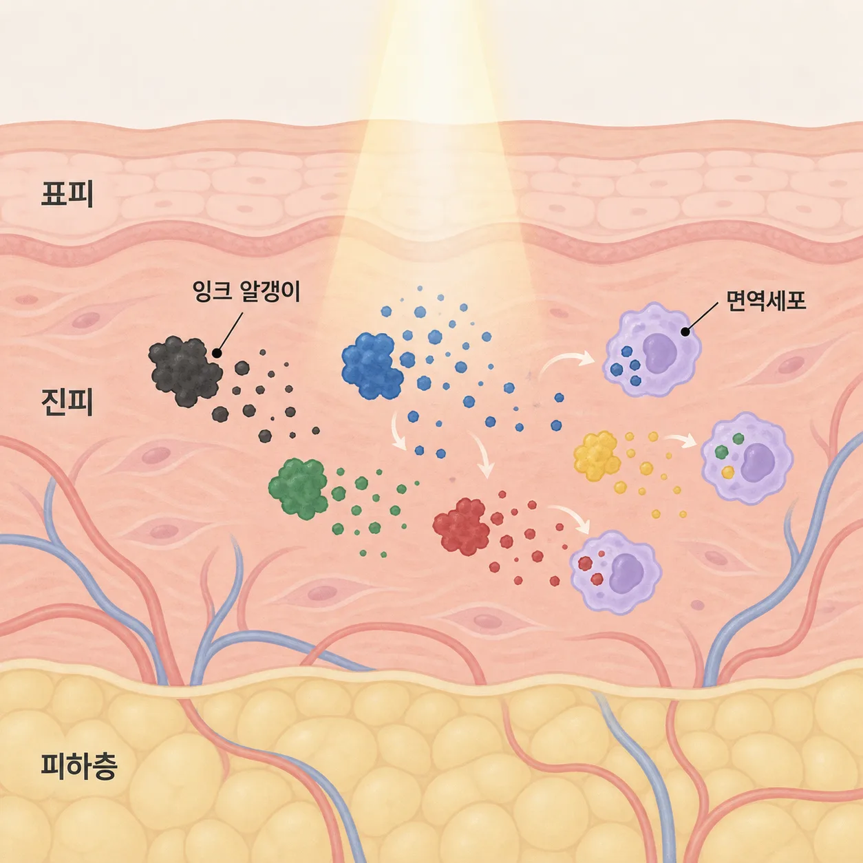 잘게 부서진 잉크 알갱이를 면역세포가 조금씩 내보내면서 색이 옅어져요