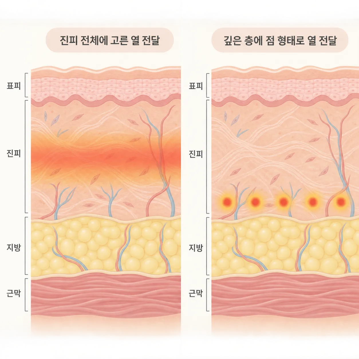 고주파는 진피를 넓게 데우고, 모은 초음파는 정한 깊이에 점으로 열을 줘요