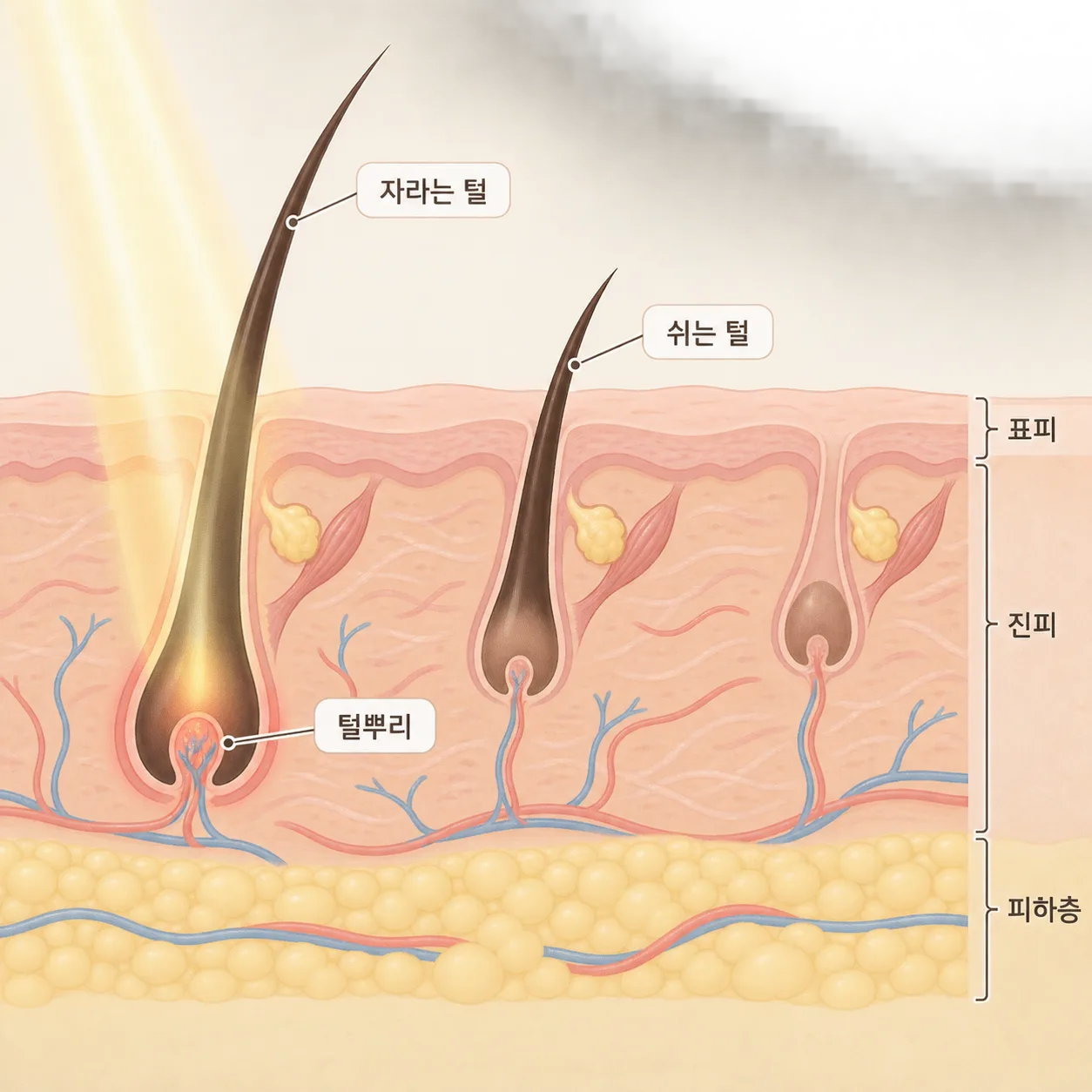 레이저는 지금 자라는 털뿌리에 잘 반응하고, 쉬는 털은 다음 회차를 기다려요