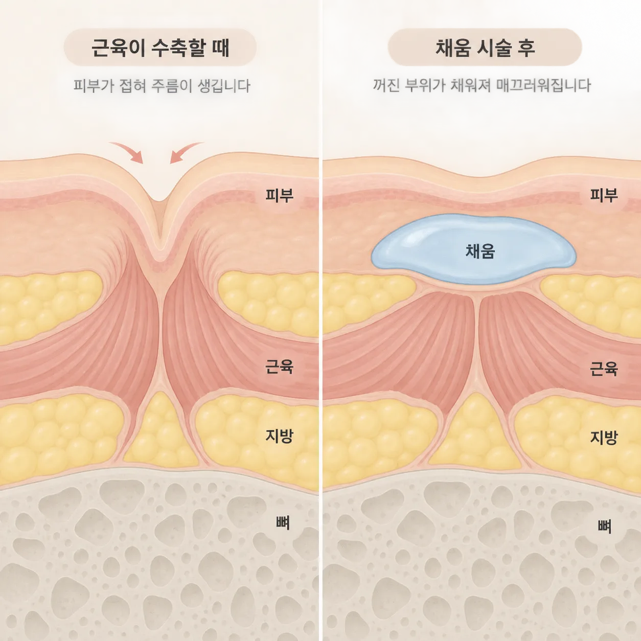 보톡스는 접히게 만드는 근육을 쉬게 하고, 필러는 패인 자리 아래를 채워요