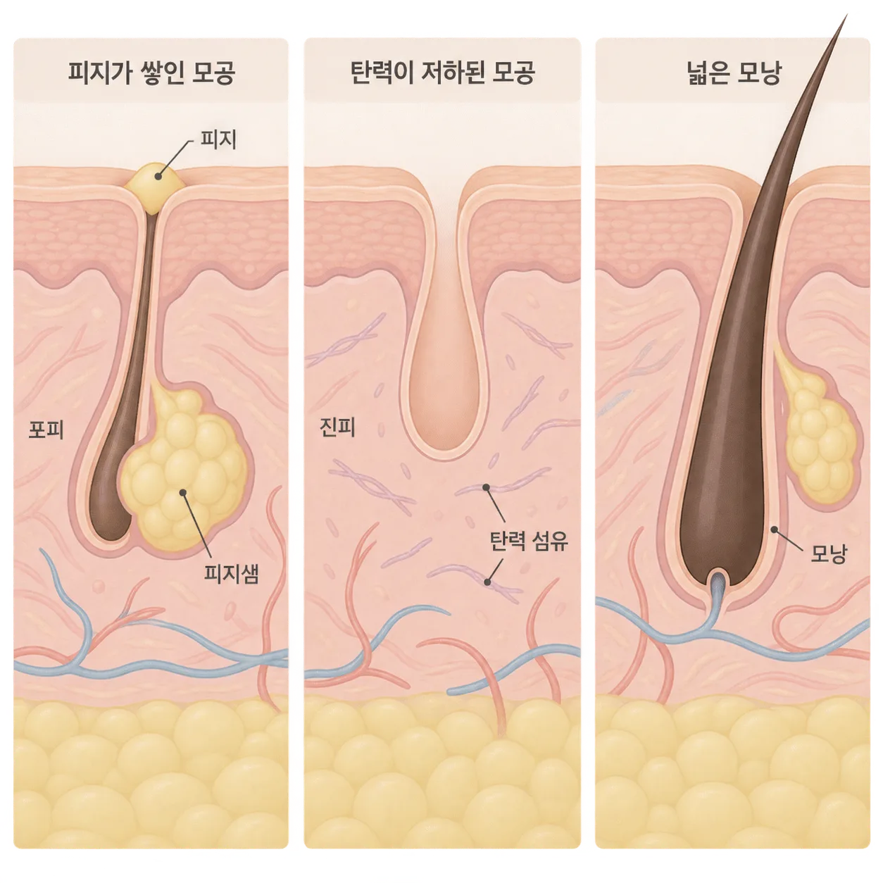 피지가 많은 모공, 탄력이 떨어져 늘어진 모공, 털구멍이 큰 모공은 겉으로 비슷해 보여도 속 사정이 달라요