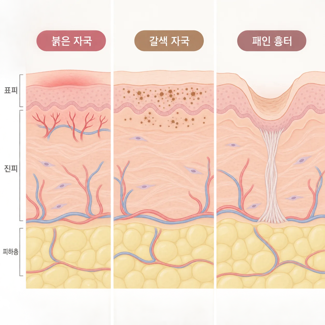 붉은 자국과 갈색 자국은 표면이 평평하고, 패인 흉터는 바닥이 아래로 꺼져 있어요