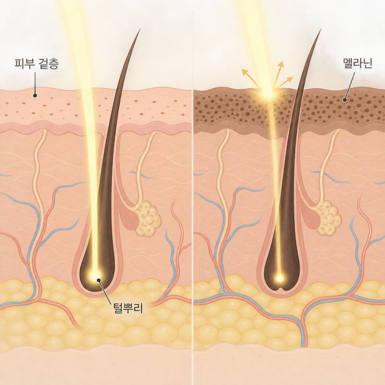 피부 겉층에 멜라닌이 많을수록 털로 가야 할 빛 일부를 피부가 먼저 흡수해요