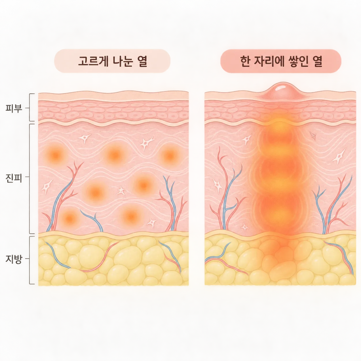 같은 양의 열이라도 한 자리에 연달아 쌓이면 겉피부와 지방층까지 닿을 수 있어요
