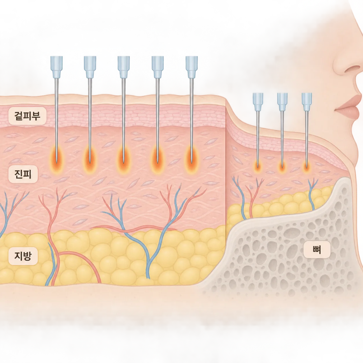 바늘 끝의 열은 겉피부 아래 진피*에 닿고, 뼈가 가까운 자리는 층이 얇아요
