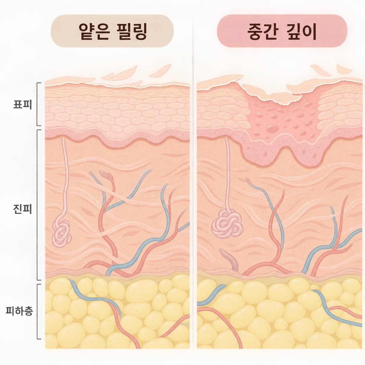 얕은 필링은 맨 겉층만, 중간 깊이 필링은 그 아래까지 닿아 회복 기간이 달라져요