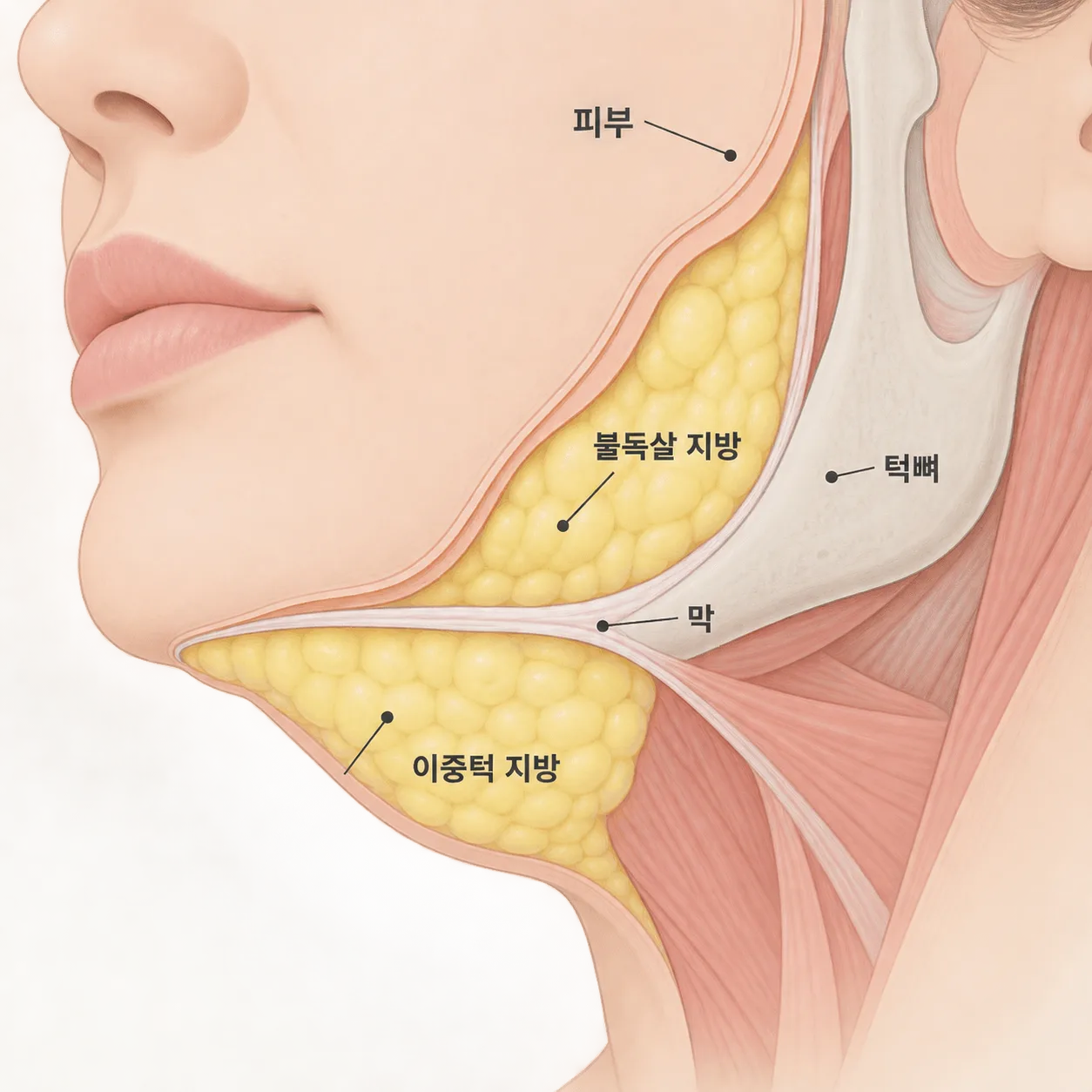 불독살 지방과 이중턱 지방은 턱뼈에 붙은 막을 사이에 두고 나뉘어 있어요