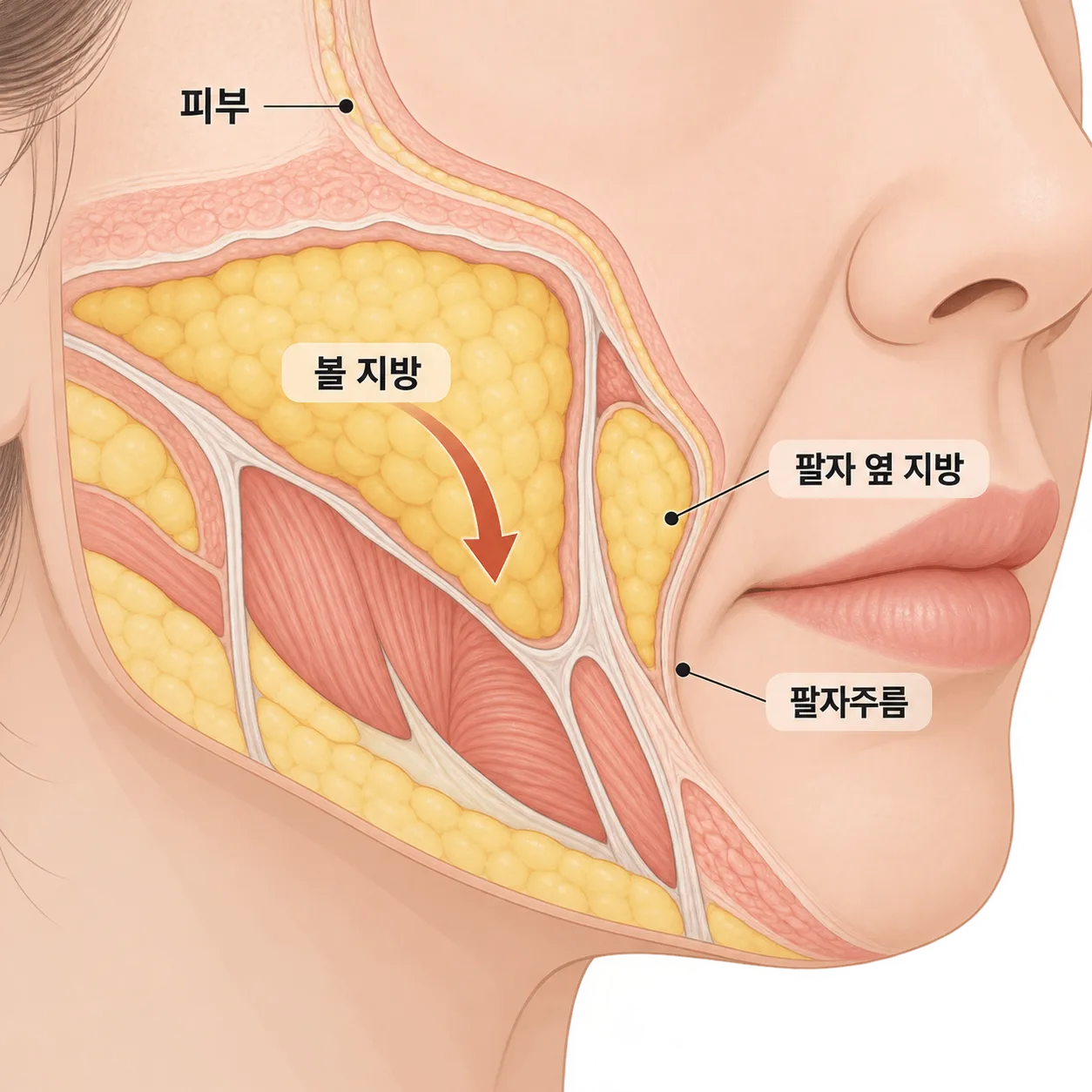볼 지방이 내려오면 팔자 옆에 살이 얹혀 그림자가 짙어져요