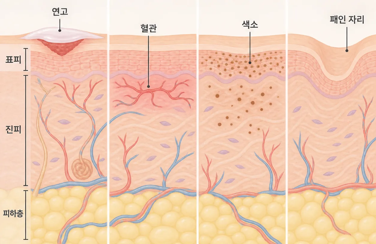 연고가 덮는 곳은 피부 표면의 상처예요. 붉은 기와 갈색은 그 아래층에 있어요
