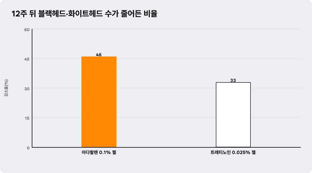 12주 뒤 블랙헤드·화이트헤드 수가 줄어든 비율