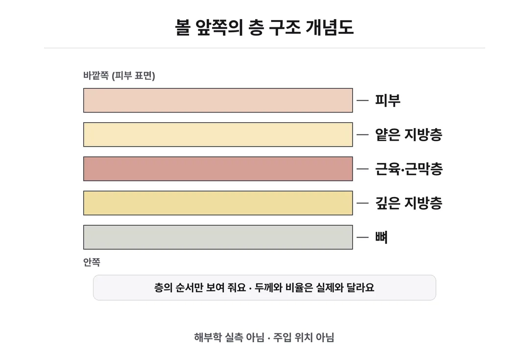 피부와 지방, 근육·근막, 뼈가 놓인 순서를 볼 앞쪽에 한정해 나타냈어요. 실제 모양이나 시술할 층을 정하는 도표는 아니에요.